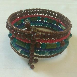 Beaded cuff bracelet, brown, red, green, & blue